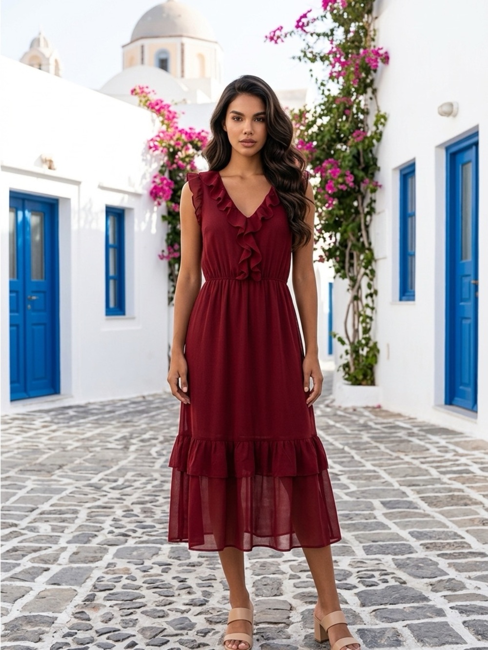 Banana Republic Burgundy Ruffle V-Neck Midi Dress